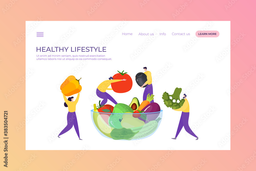 Fototapeta premium Healthy vegan food, vector illustration. Vegetarian plate with vegetable, eat flat fresh organic meal. Diet nutrition lifestyle, green salad dish graphic design. Cooking natural ingredient.