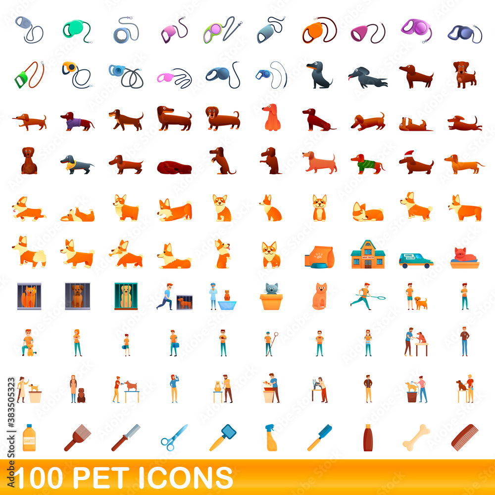 100 pet icons set. Cartoon illustration of 100 pet icons vector set isolated on white background