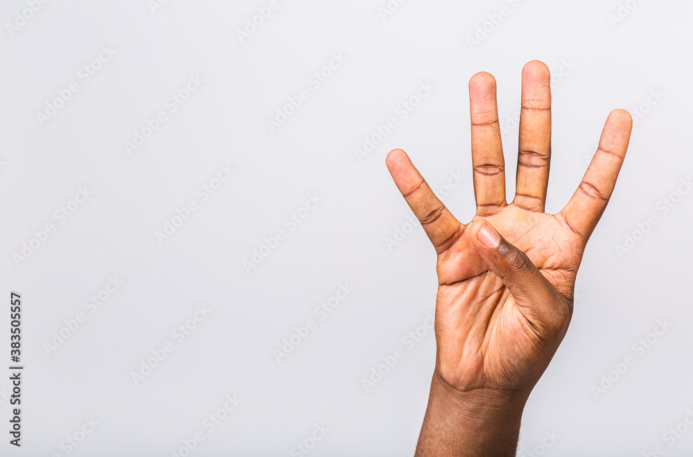 Naklejka premium Number four. Afro-American black man's hand showing different gestures isolated on white background, closeup view of hands.