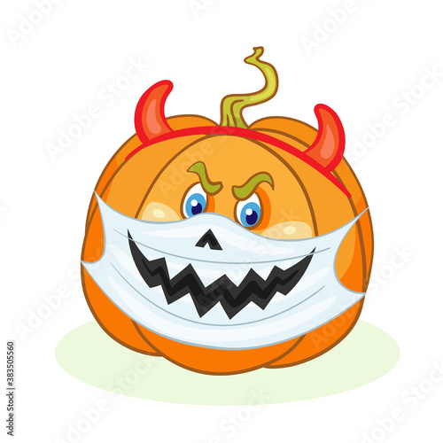 Big funny pumpkin in a medical mask. Symbol of Halloween. Isolated on white background. In cartoon style. Vector illustration.