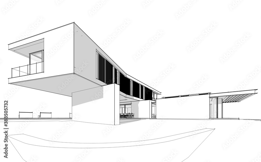 3d rendering of modern cozy house on the hill with garage and pool for sale or rent. Black line sketch with soft light shadows on white background. 3d rendering of modern cozy house on the hill with garage and pool for sale or rent. Black line sketch with soft light shadows on white background.