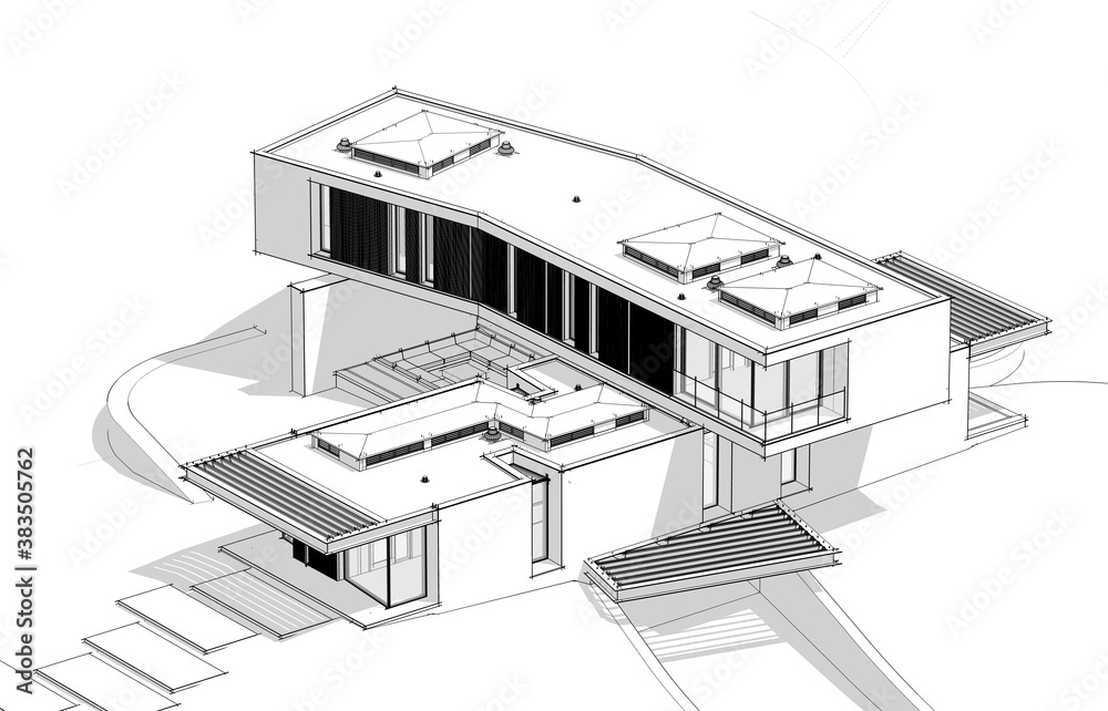 3d rendering of modern cozy house on the hill with garage and pool for sale or rent.  Black line sketch with soft light shadows on white background.