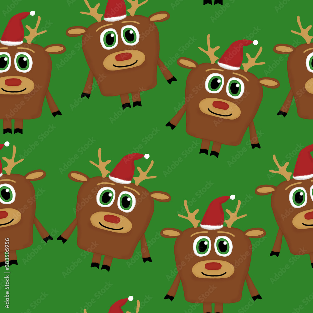 New Year seamless pattern with deer with Santa hat on a green background New Year seamless pattern with deer with Santa hat on a green background