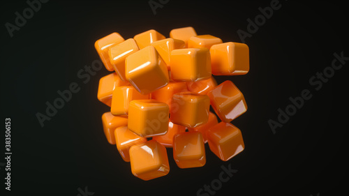 Lots Of Orange Plastic Look Cubes, Abstract Technological Concept, 3d Rendering
