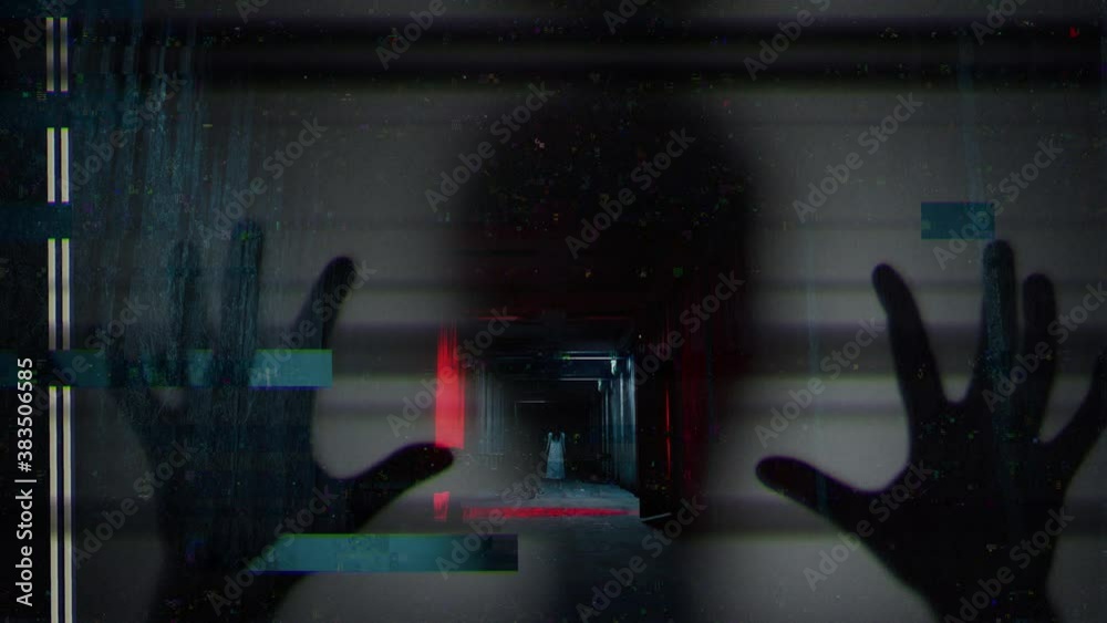 Halloween horror sequence, dark hallway in abandoned psychiatric ward, ghosts
