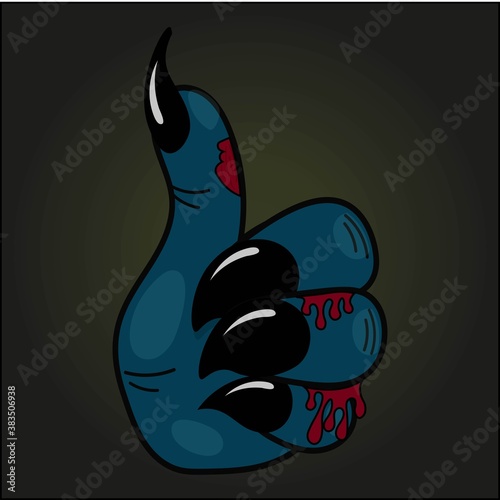 
 Scary, bloody hand of the devil or spirit with blood stains.
Terrible thumbs up on dark background.
Vector.