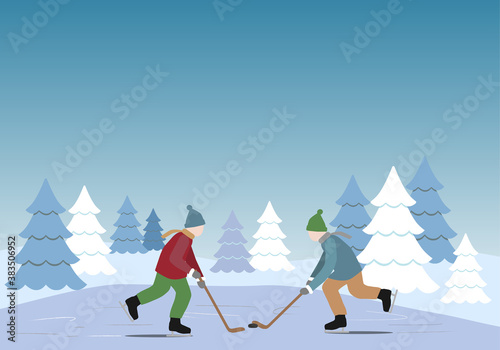 Two children skating and playing hockey on a frozen winter lake. Scandinavian snowy winter landscape. 