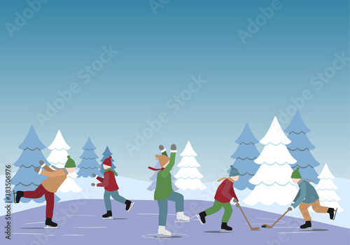Children skating on a frozen winter lake. Two kids playing hockey Scandinavian snowy winter landscape. 