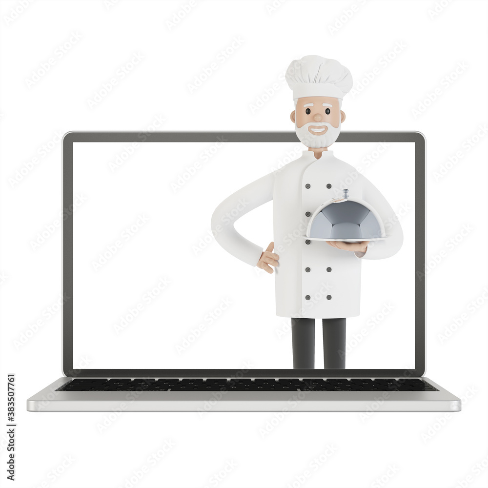 Restaurant staff team at the laptop screen. Delivery from the restaurant 3D illustration in cartoon style.