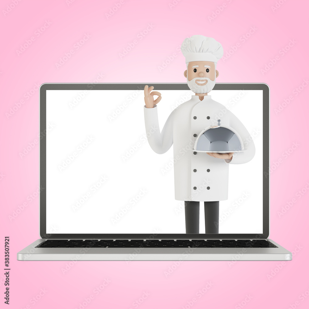 Restaurant staff team at the laptop screen. Delivery from the restaurant 3D illustration in cartoon style. Restaurant staff team at the laptop screen. Delivery from the restaurant 3D illustration in cartoon style.