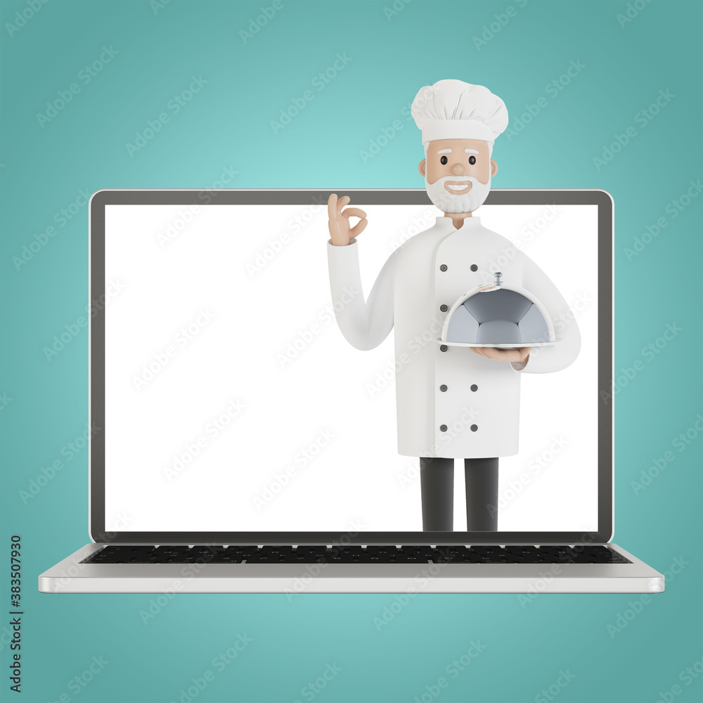 Restaurant staff team at the laptop screen. Delivery from the restaurant 3D illustration in cartoon style. Restaurant staff team at the laptop screen. Delivery from the restaurant 3D illustration in cartoon style.
