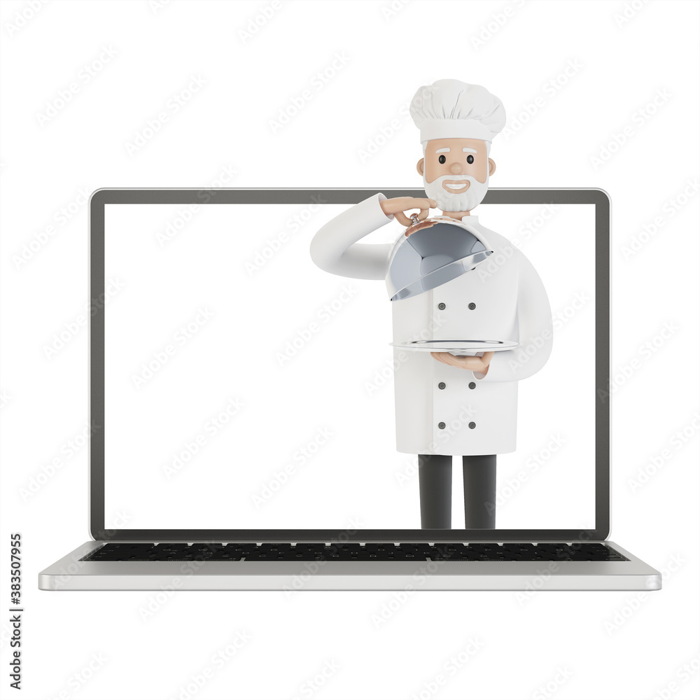 Restaurant staff team at the laptop screen. Delivery from the restaurant 3D illustration in cartoon style. Restaurant staff team at the laptop screen. Delivery from the restaurant 3D illustration in cartoon style.