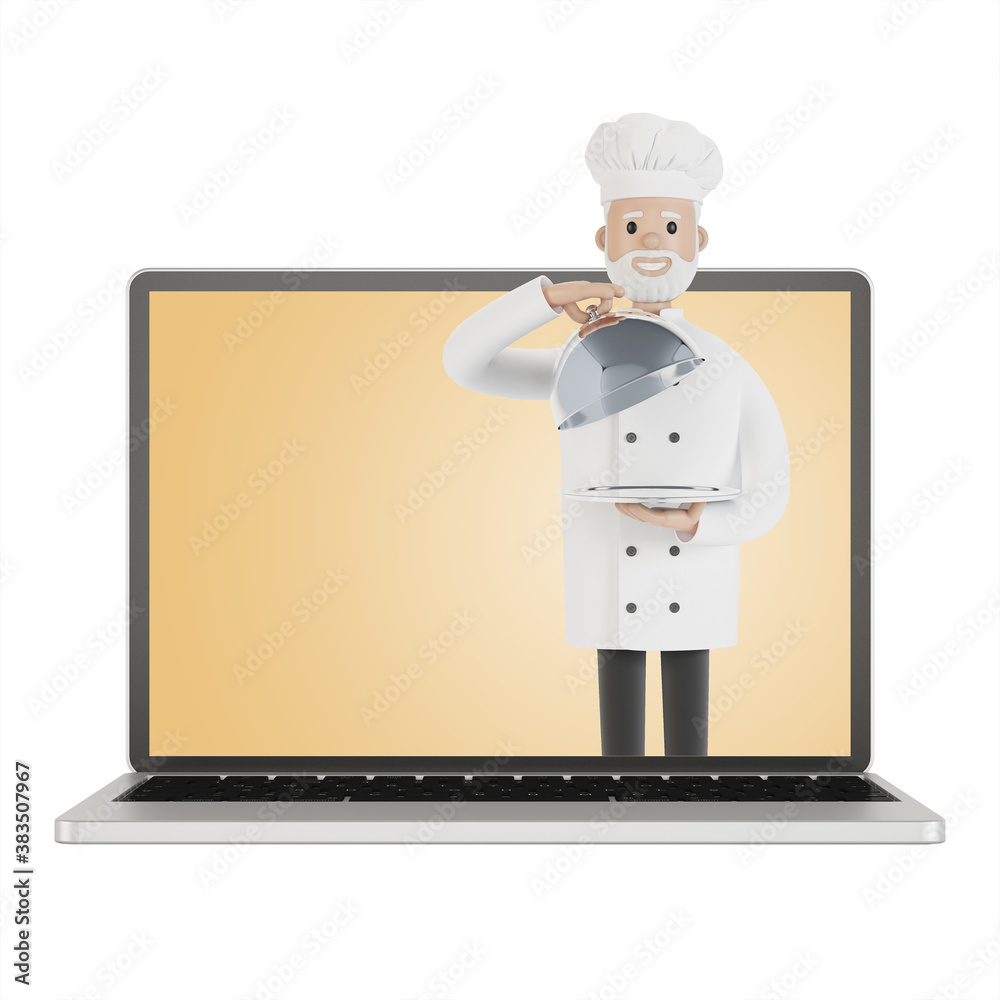 Restaurant staff team at the laptop screen. Delivery from the restaurant 3D illustration in cartoon style. Restaurant staff team at the laptop screen. Delivery from the restaurant 3D illustration in cartoon style.