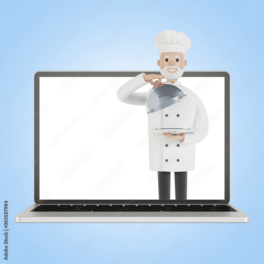 Restaurant staff team at the laptop screen. Delivery from the restaurant 3D illustration in cartoon style. Restaurant staff team at the laptop screen. Delivery from the restaurant 3D illustration in cartoon style.