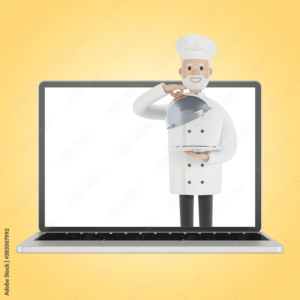 Restaurant staff team at the laptop screen. Delivery from the restaurant 3D illustration in cartoon style. Restaurant staff team at the laptop screen. Delivery from the restaurant 3D illustration in cartoon style.