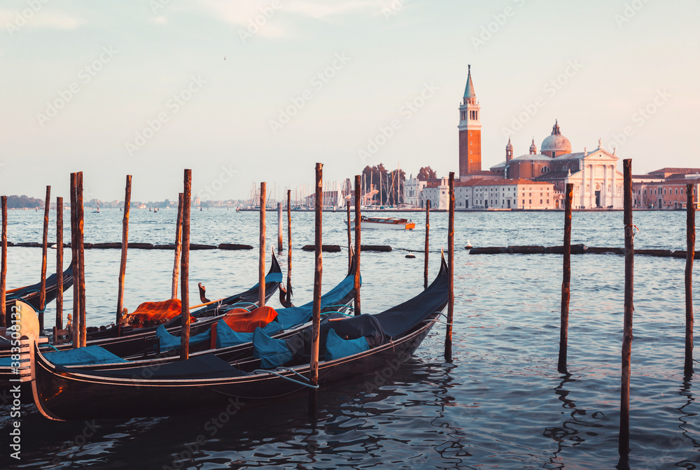 Gondolas on Grand Canal and San Giorgio Maggiore church in Venice