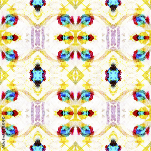 Tibetan Fabric. Seamless Tie Dye Ornament. Ikat Indonesian Motif. Abstract Kaleidoscope Motif. Yellow, Blue and White Seamless Texture. Tibetan Hand Drawn Fabric Print.