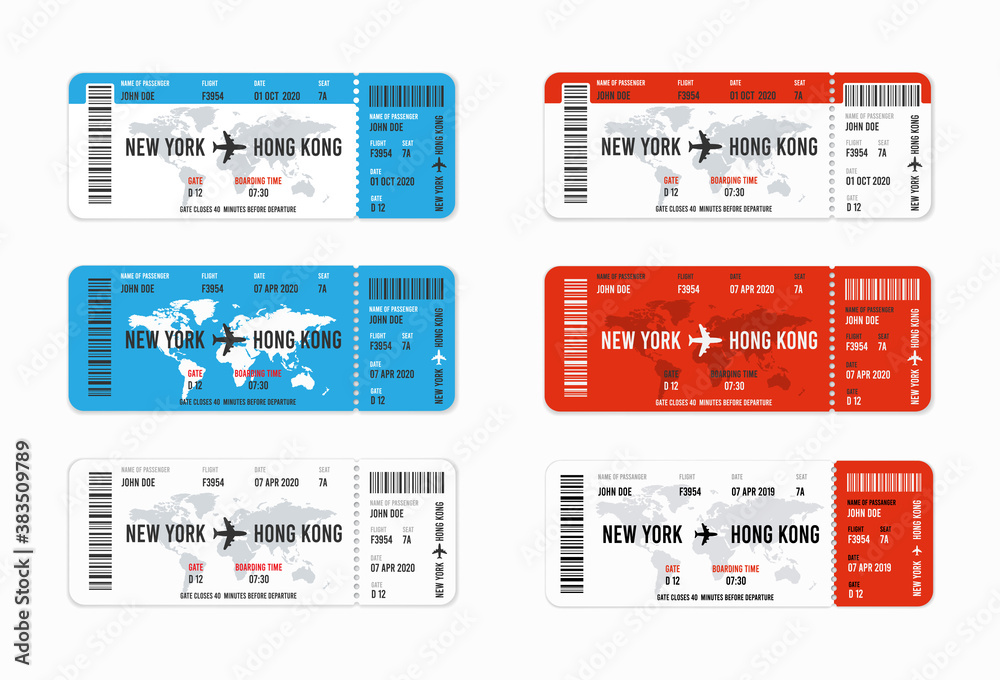 Set of realistic airline ticket design with passenger name. Vector illustration - obrazy, fototapety, plakaty 