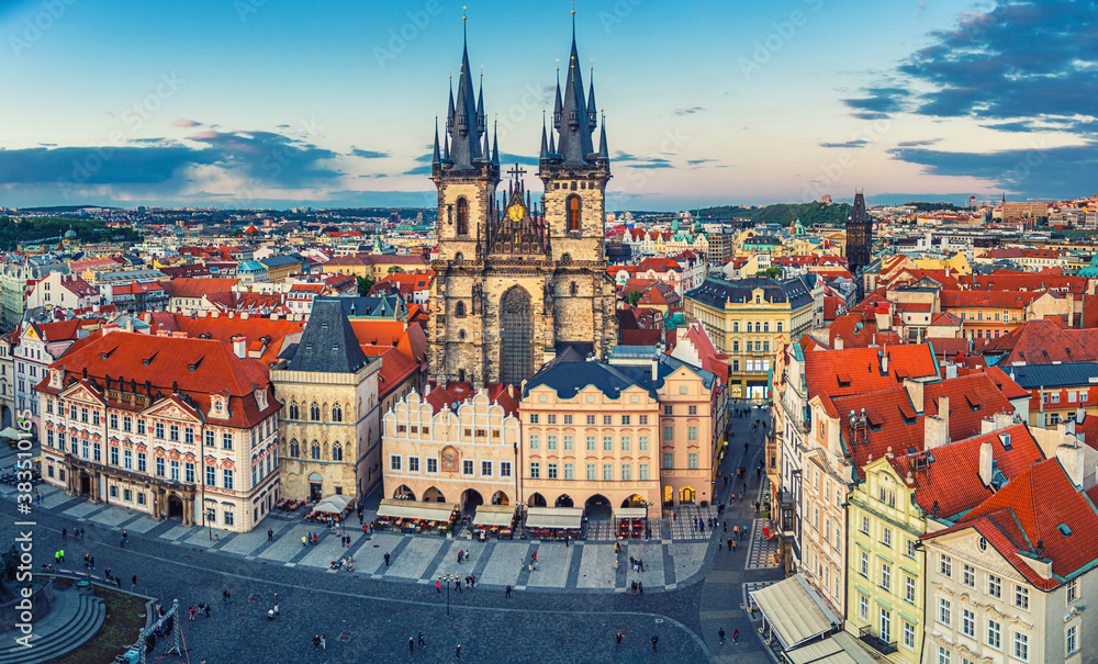 Obraz premium Panorama of Prague Old Town historical centre Stare Mesto Old Town Square Staromestske namesti with Gothic Church of Our Lady before Tyn. Aerial panoramic view of Prague city, Czech Republic