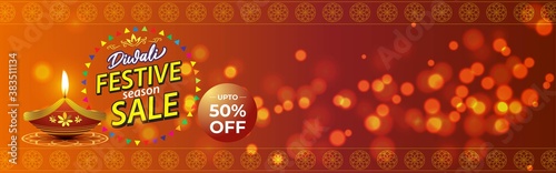 Diwali Festive Season Sale banner, 50% off,  on beautiful bokeh backgrund. Dipawali, Indian festival, diya lamp, oil lamp, colorful bokeh background, vector illustration offer banner, advertisement