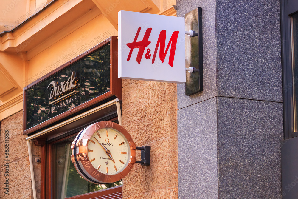 City landscape - view of the signs of H&M and Omega store chains on  Wenceslas Square of Prague, Czech Republic, 8 June, 2018 Stock Photo |  Adobe Stock