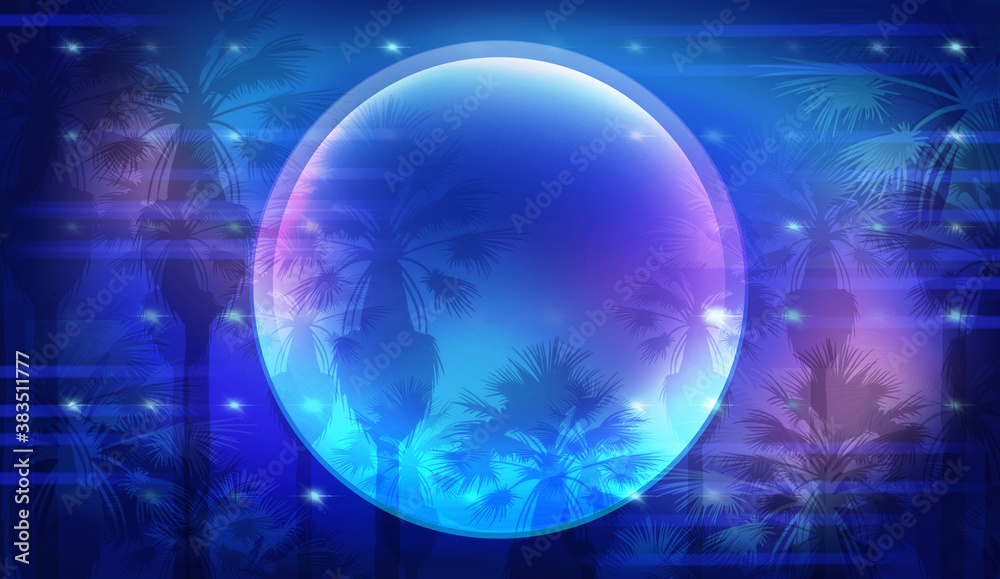Glowing orb in jungle illustration. Glowing circle in blue.