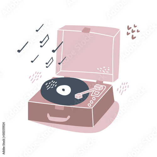 Flat vector cartoon illustration of a retro vinyl record player isolated on a white background. Scandinavian style.