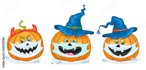 Three big funny pumpkins are decorated for Halloween and wearing protective medical masks. Isolated on white background. In cartoon style. Vector illustration.
