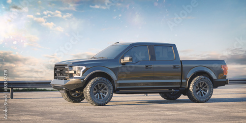 3D rendering of a brand-less generic pickup truck in studio environment	
 photo