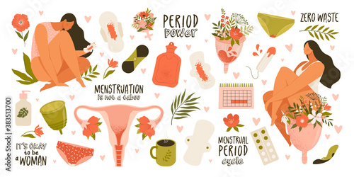 Set of menstruation, period, female uterus, reproductive system stickers. Zero waste objects. Women with flowers, panties, pads, cups, tampons, calendar, womb in cartoon vector illustration isolated.