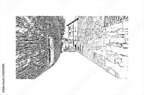 Building view with landmark of Bergamo is a city in the alpine Lombardy region of northern Italy. Hand drawn sketch illustration in vector.