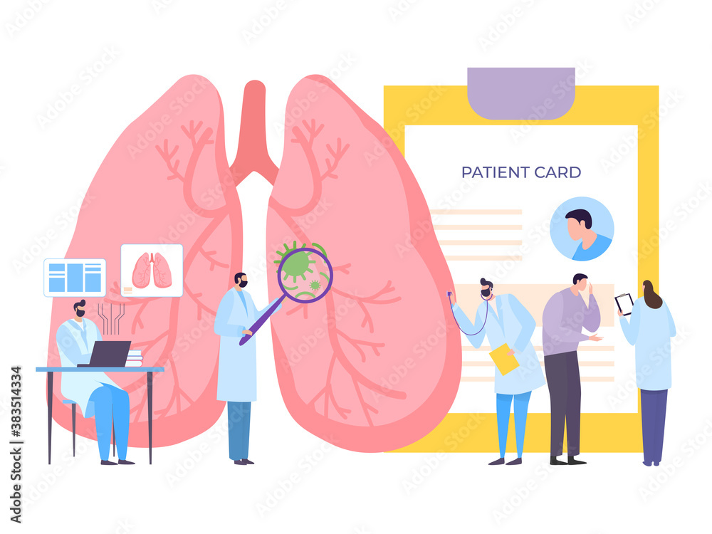 Doctor health treatment and care in flat clinic, vector illustration. Lung pulmonology medicine diagnosis, patient check in hospital. Organ disease and people respiratory illness concept. Doctor health treatment and care in flat clinic, vector illustration. Lung pulmonology medicine diagnosis, patient check in hospital. Organ disease and people respiratory illness concept.