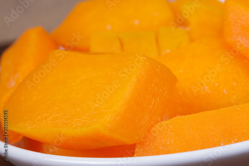 Pieces of pumpkin close-up. Macro shot.