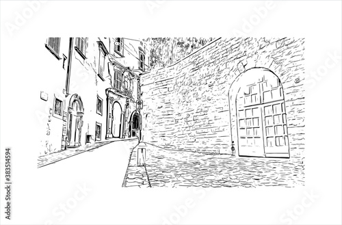 Building view with landmark of Bergamo is a city in the alpine Lombardy region of northern Italy. Hand drawn sketch illustration in vector.