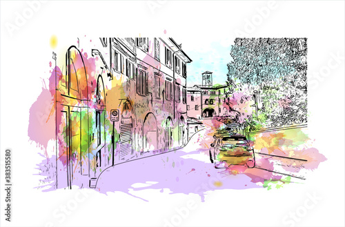 Building view with landmark of Bergamo is a city in the alpine Lombardy region of northern Italy. Watercolor splash with hand drawn sketch illustration in vector.