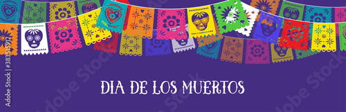 Day of the dead, Dia de los muertos, banner with colorful Mexican bunting. Fiesta, holiday poster, party flyer, funny greeting card. Horizontal web banner