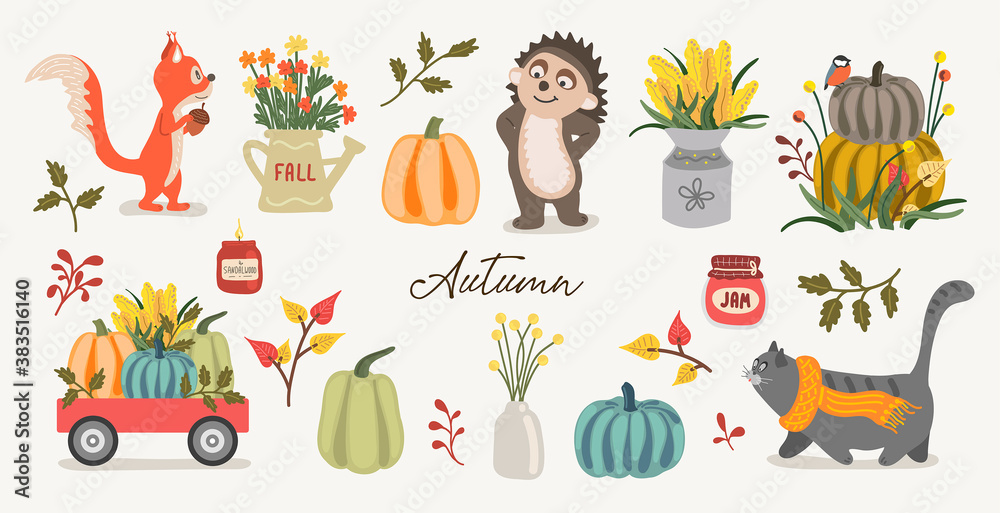 Cute autumn collection. Vector clip art.