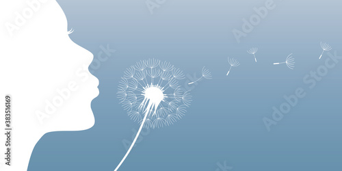 girl blows dandelion silhouette vector illustration EPS10