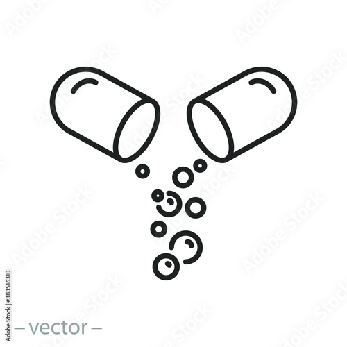 pharmaceutical capsule icon, dose medical pill, concept pharmacy, medicine drug composition, powder supplement, thin line web symbol on white background - editable stroke vector illustration eps10