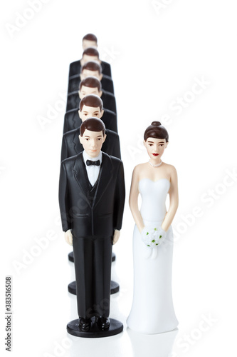 Multiple Marriage or Divorce Concept of Bride with Replacement Husbands Lined Up