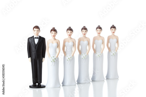 Multiple Marriage or Divorce Concept of Groom with Replacement Brides Lined Up photo