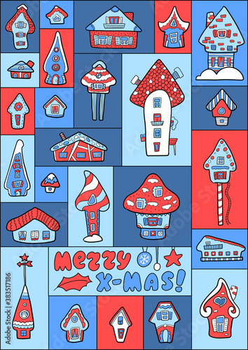 Christmas house advent calendar, vertical A4 format for 25 days. Scandinavian advent calendar for kids. Vertical calendar with New Year home decor. Merry X-mas greeting card with funny doodles