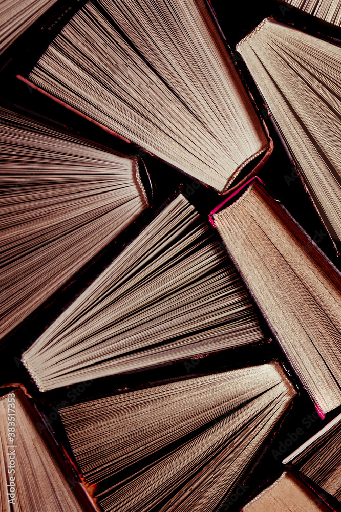 Naklejka premium Book background from multi-colored open books from the home library