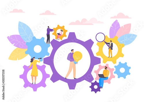 Business flat people teamwork at gear concept, vector illustration. Mechanism application and cartoon communication technology. Man woman character near cogwheel, management design.