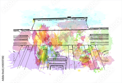 Building view with landmark of Bergamo is a city in the alpine Lombardy region of northern Italy. Watercolor splash with hand drawn sketch illustration in vector.