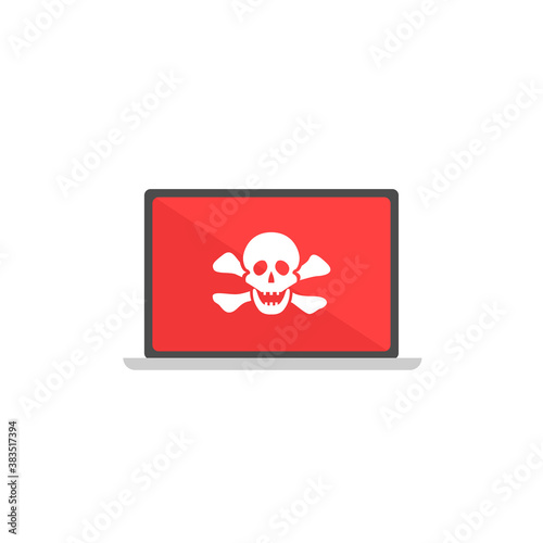 Laptop with skull and crossbones on the screen. Concept of virus, piracy, hacking and security. Flat vector illustration.