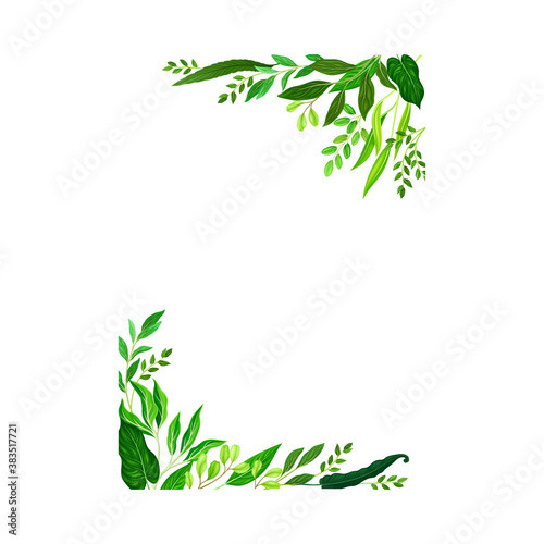 Frame Corners with Green Leaves or Foliage Vector Illustration