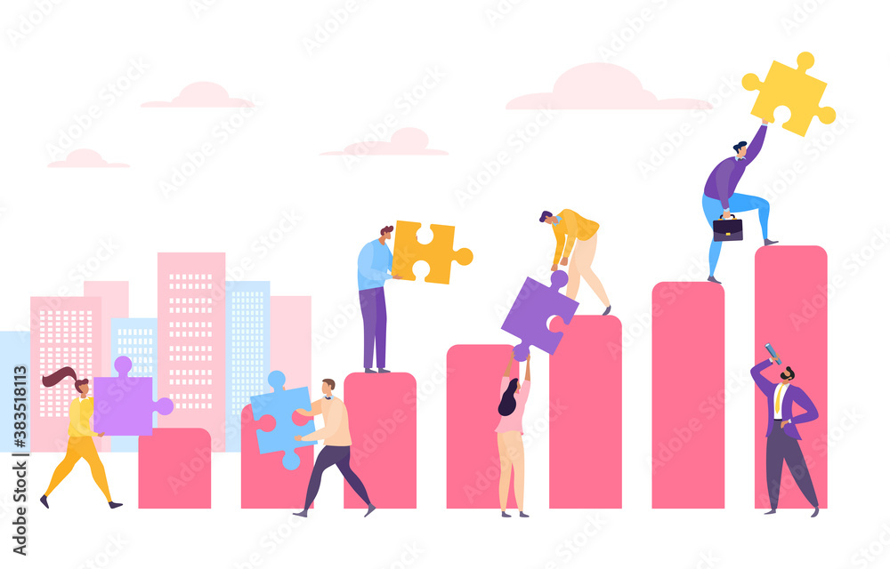 Business people at diagram with puzzle concept, vector illustration. Profit graph by success strategy, teamwork growth chart. Company communication at background, idea cooperation.
