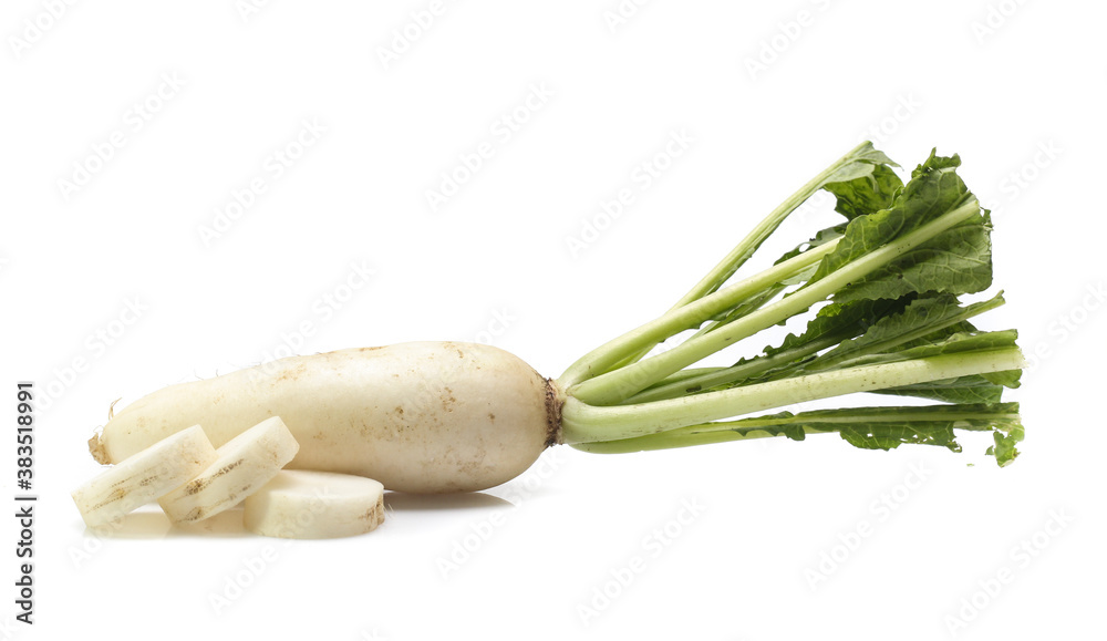 fresh white radish with slices isolated on white background fresh white radish with slices isolated on white background