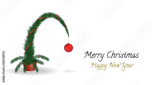 Christmas tree on a white background with a tilted top. Red ball and ribbon on a green Christmas tree. Greeting card for new year. Vector 3d. Realistic